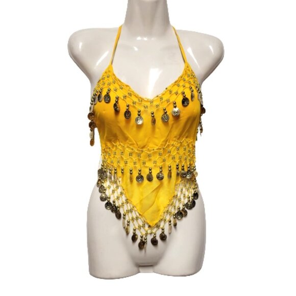 Yellow Belly Dancing Top Crocheted with Gold Beads Coins Halter Crop Top - Picture 2 of 7